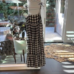 THE GREAT. Cream and Black Sleeveless Maxi Gingham dress
